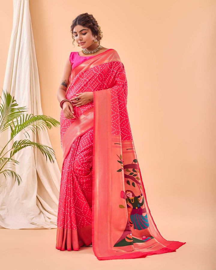 Raspberry Pink Bandhej paithani silk saree - PAHRAVA