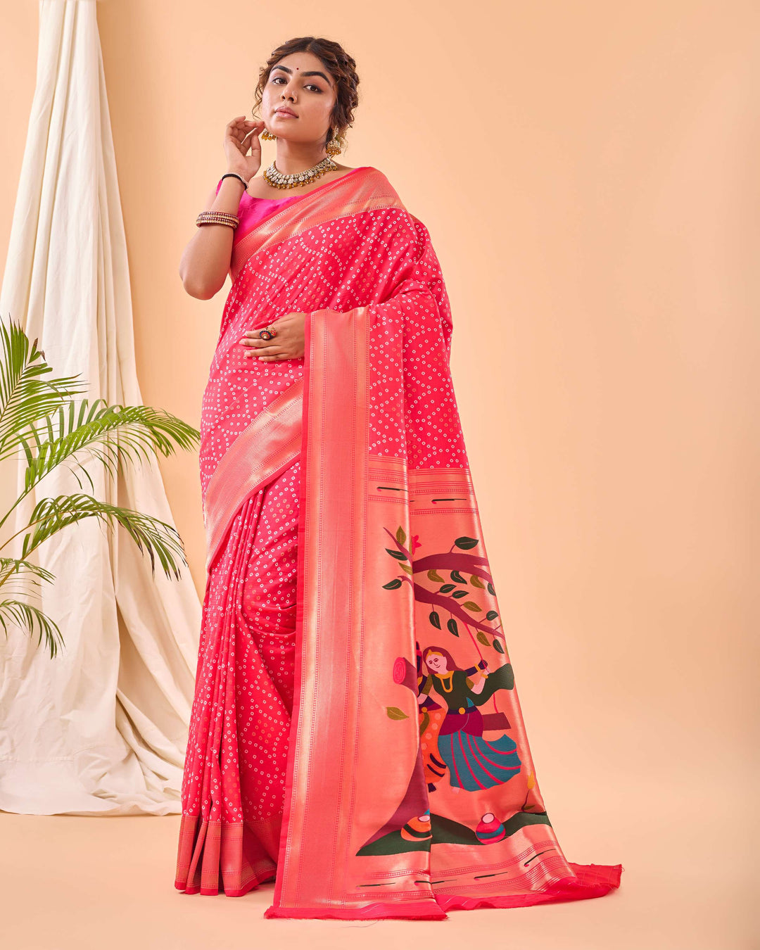 Raspberry Pink Bandhej paithani silk saree - PAHRAVA