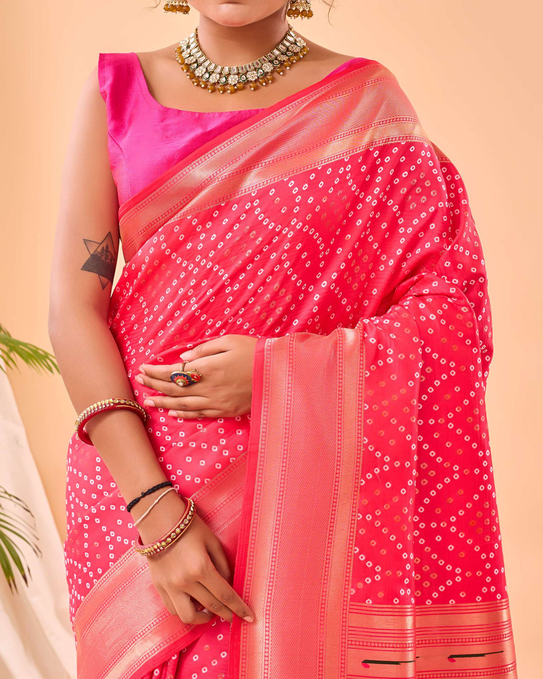 Raspberry Pink Bandhej paithani silk saree - PAHRAVA