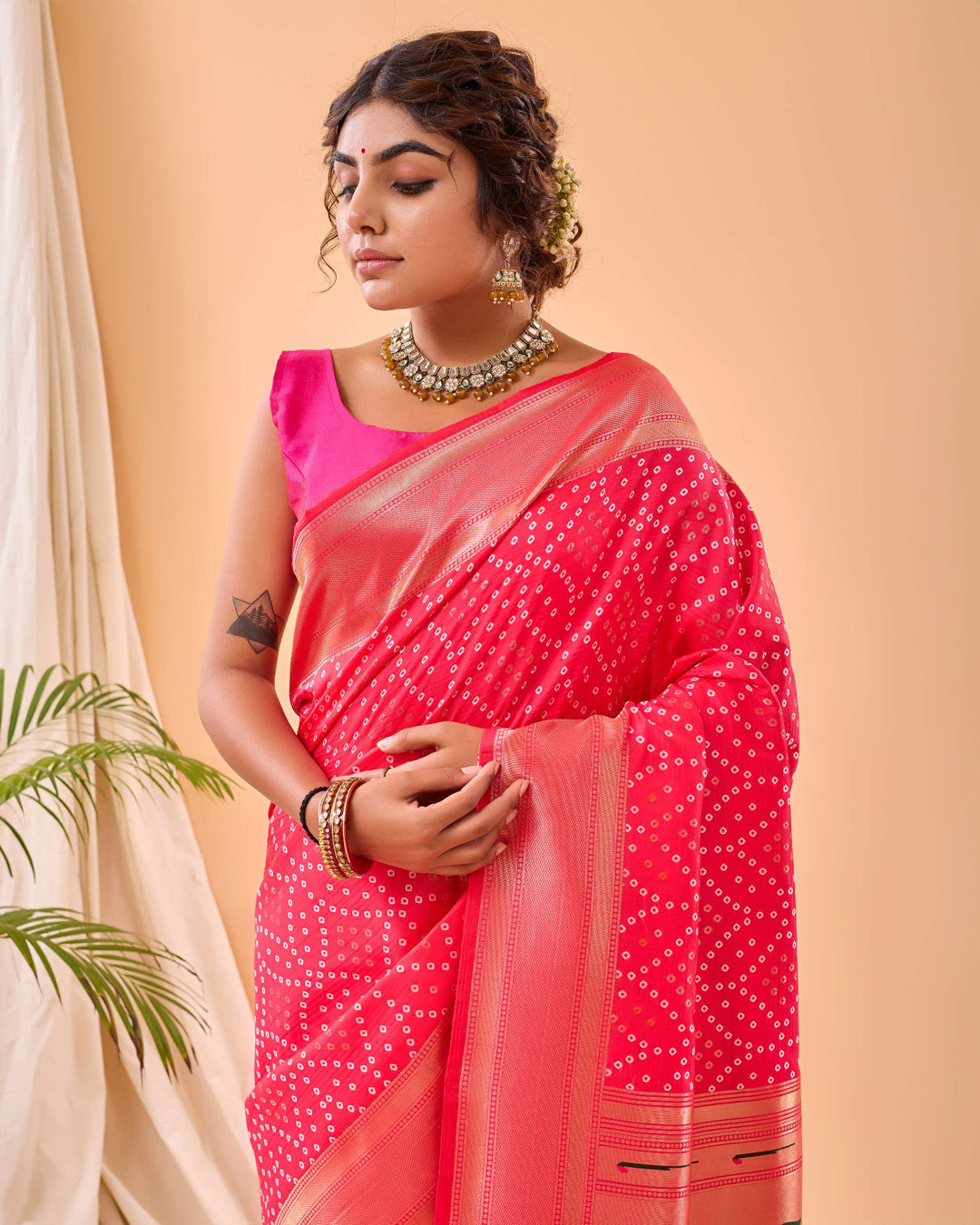 Raspberry Pink Bandhej paithani silk saree - PAHRAVA