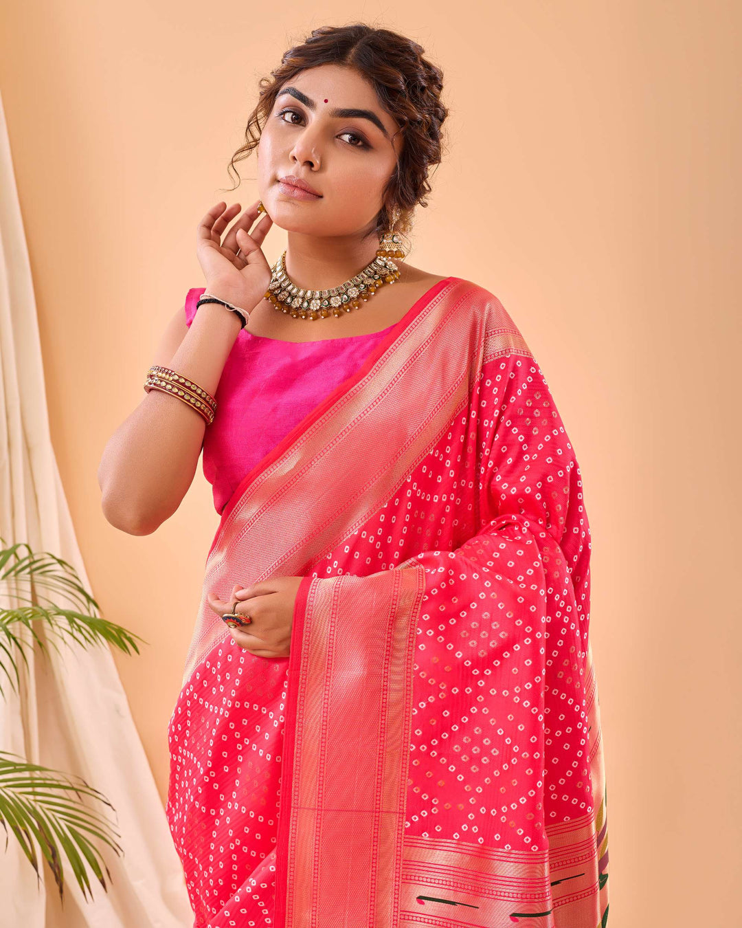 Raspberry Pink Bandhej paithani silk saree - PAHRAVA