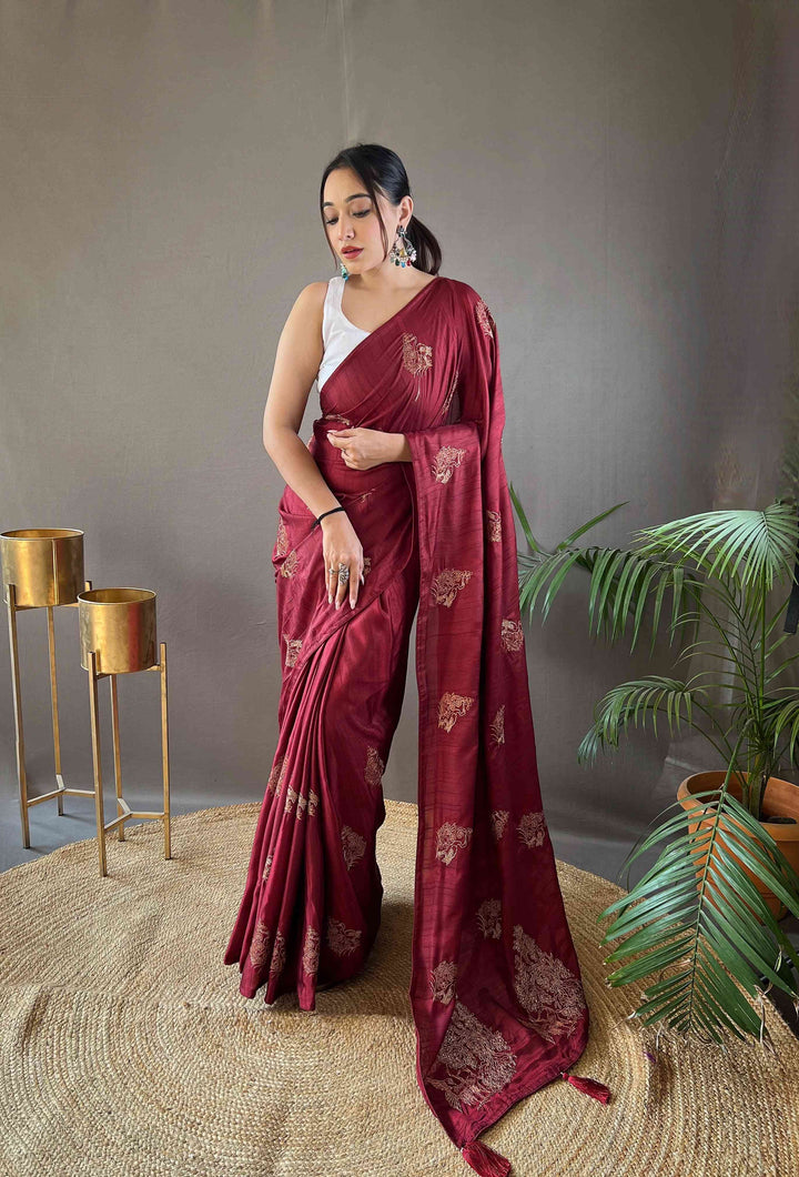 Ruby Red silk saree - PAHRAVA