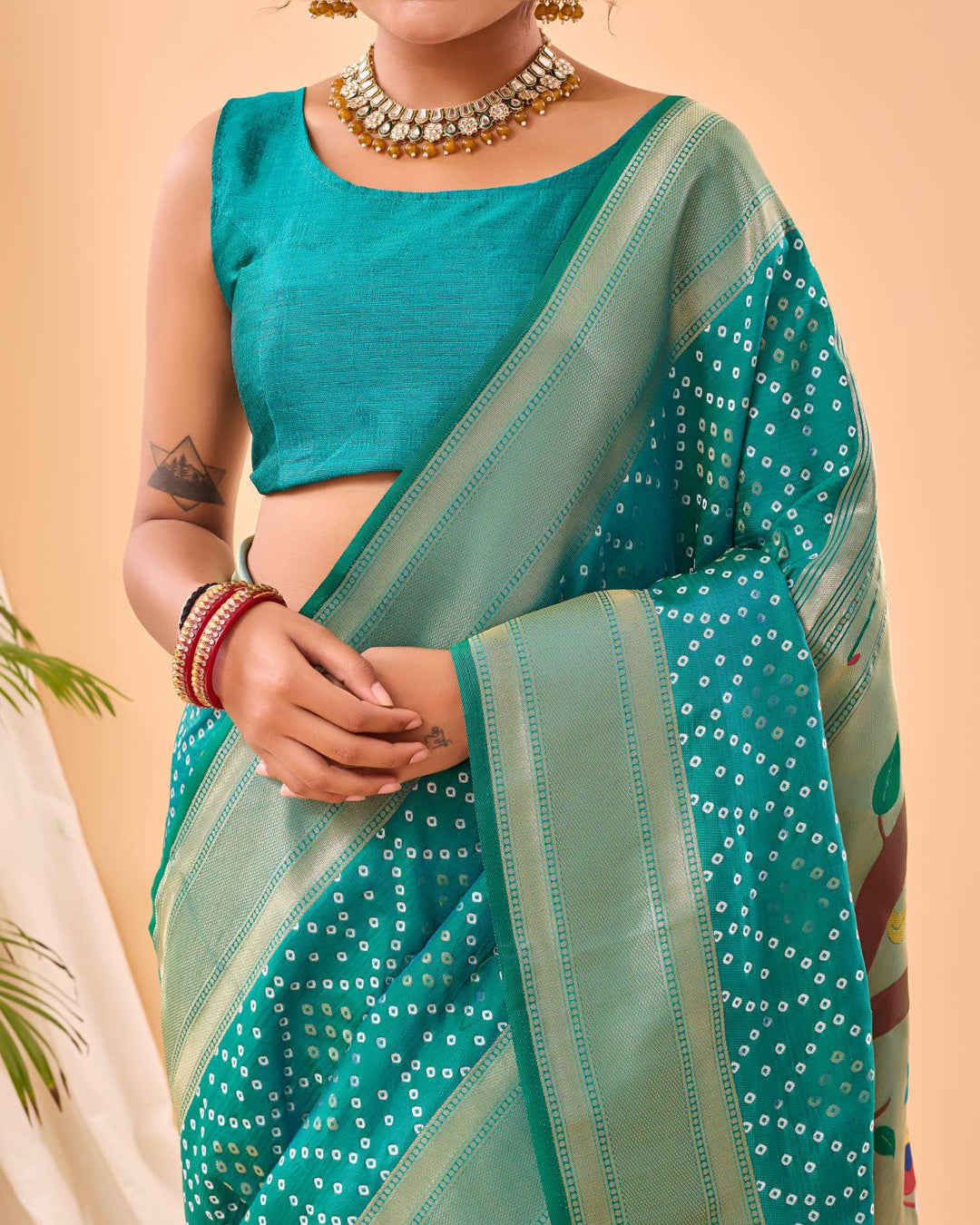 Teal Green Bandhej paithani silk saree - PAHRAVA