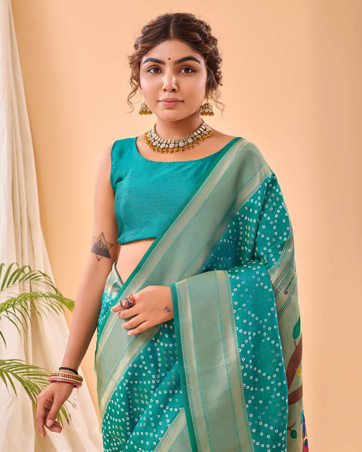 Teal Green Bandhej paithani silk saree - PAHRAVA