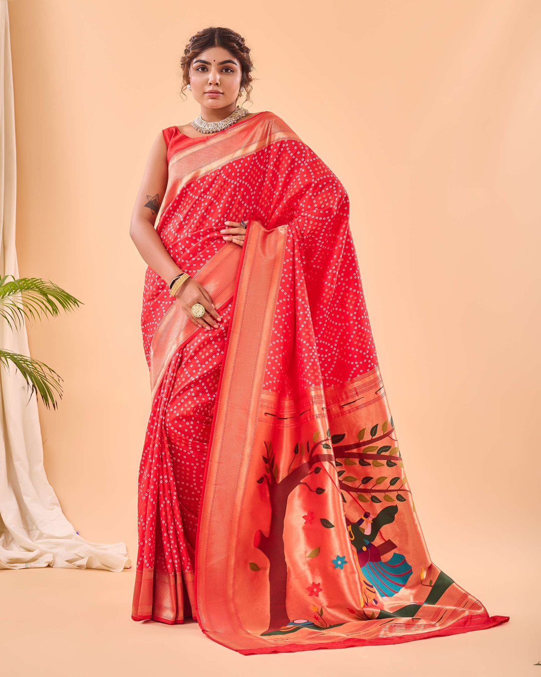 Bright Red Bandhej paithani silk saree - PAHRAVA