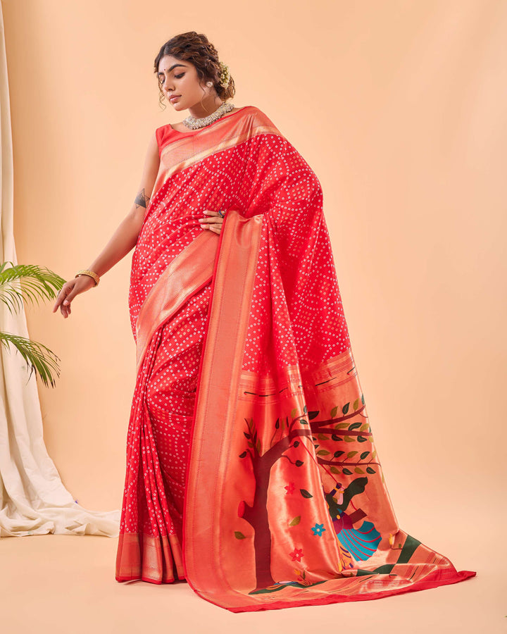 Bright Red Bandhej paithani silk saree - PAHRAVA