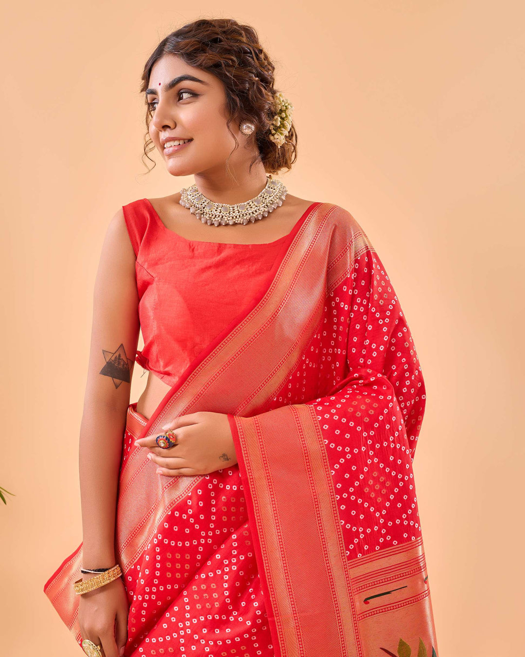 Bright Red Bandhej paithani silk saree - PAHRAVA