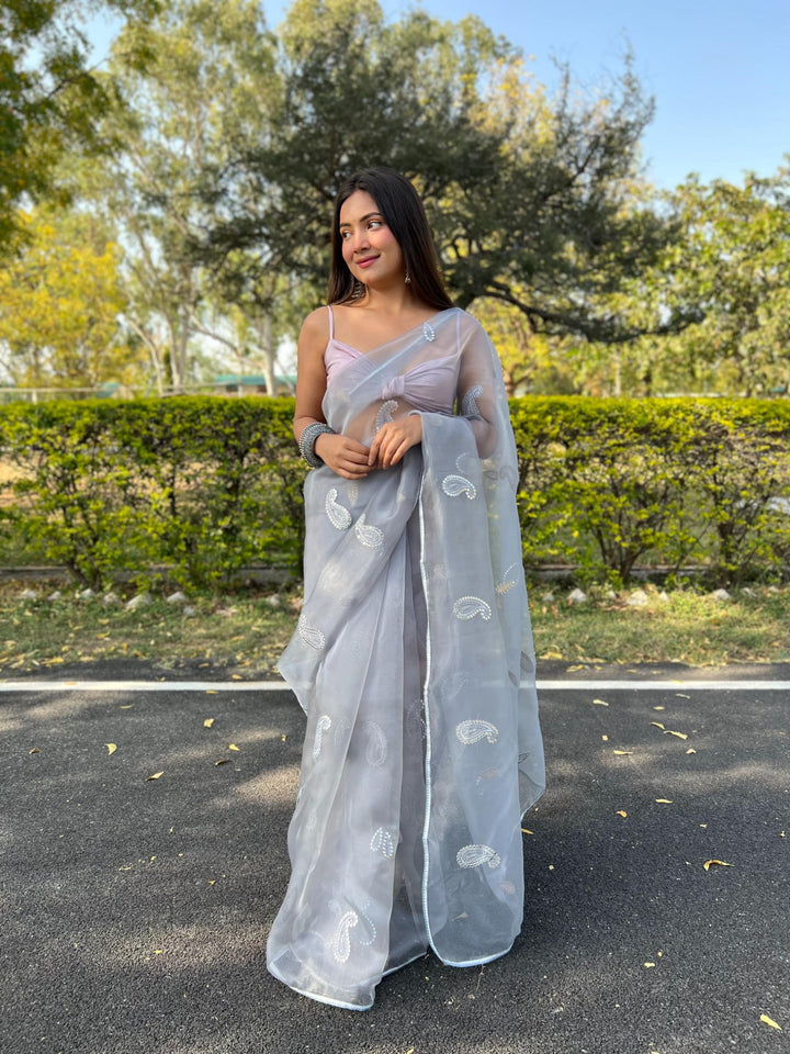 Light Grey Organza Silk With Gotta And Resam Thread Work Saree - PAHRAVA