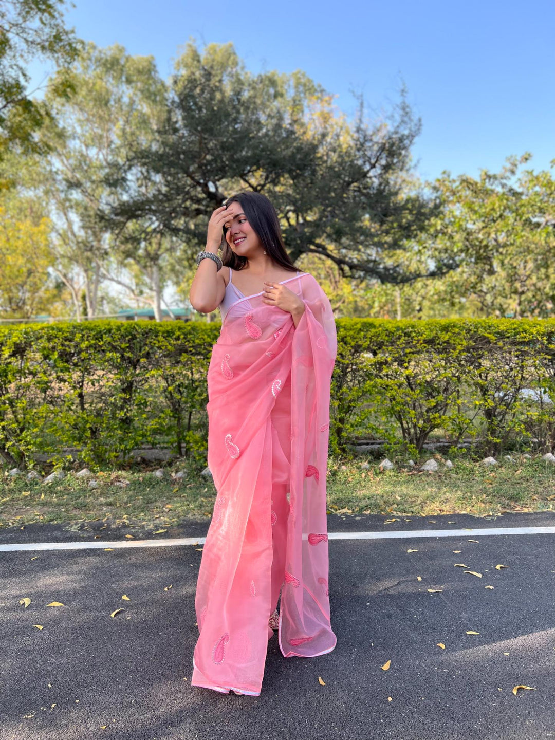 Baby Pink Organza Silk With Gotta And Resam Thread Work  Saree - PAHRAVA