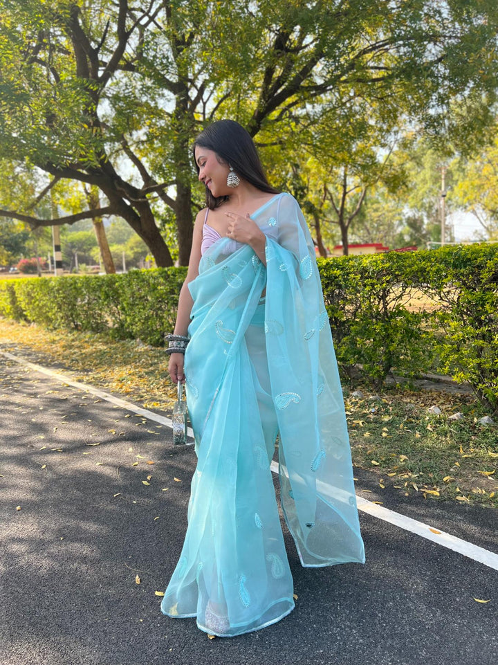 Sky Blue Organza Silk With Gotta And Resam Thread Work  Saree - PAHRAVA