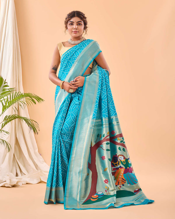 sky Blue Bandhej paithani silk saree - PAHRAVA