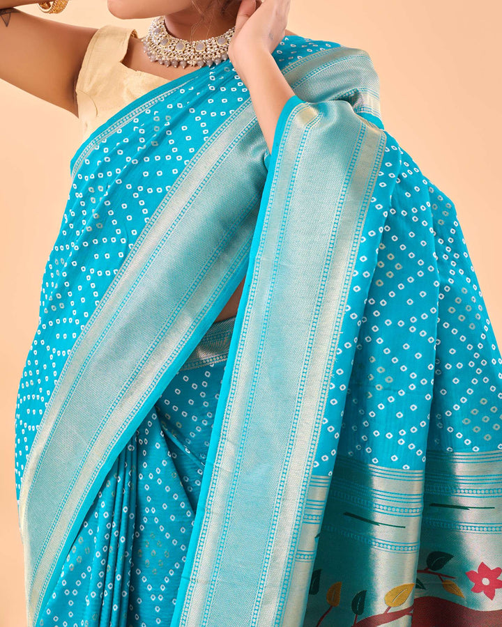 sky Blue Bandhej paithani silk saree - PAHRAVA