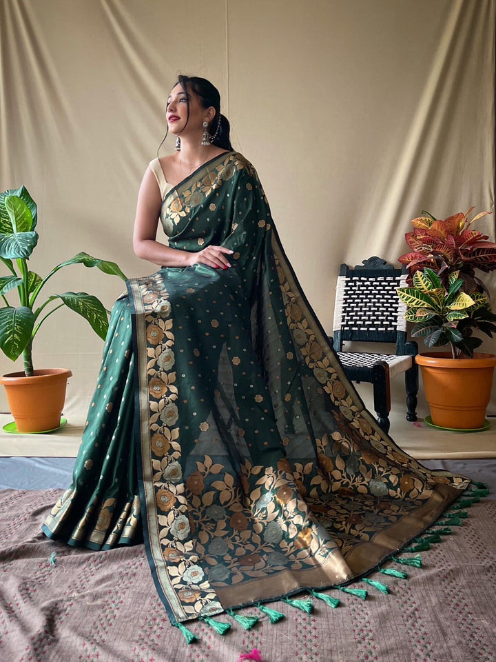 Leafy green soft silk saree with zari weaving - PAHRAVA