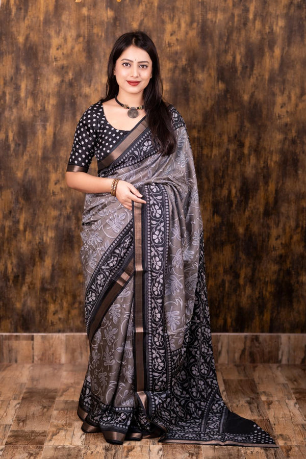 Warm Grey soft cotton crape saree with Pattu border.