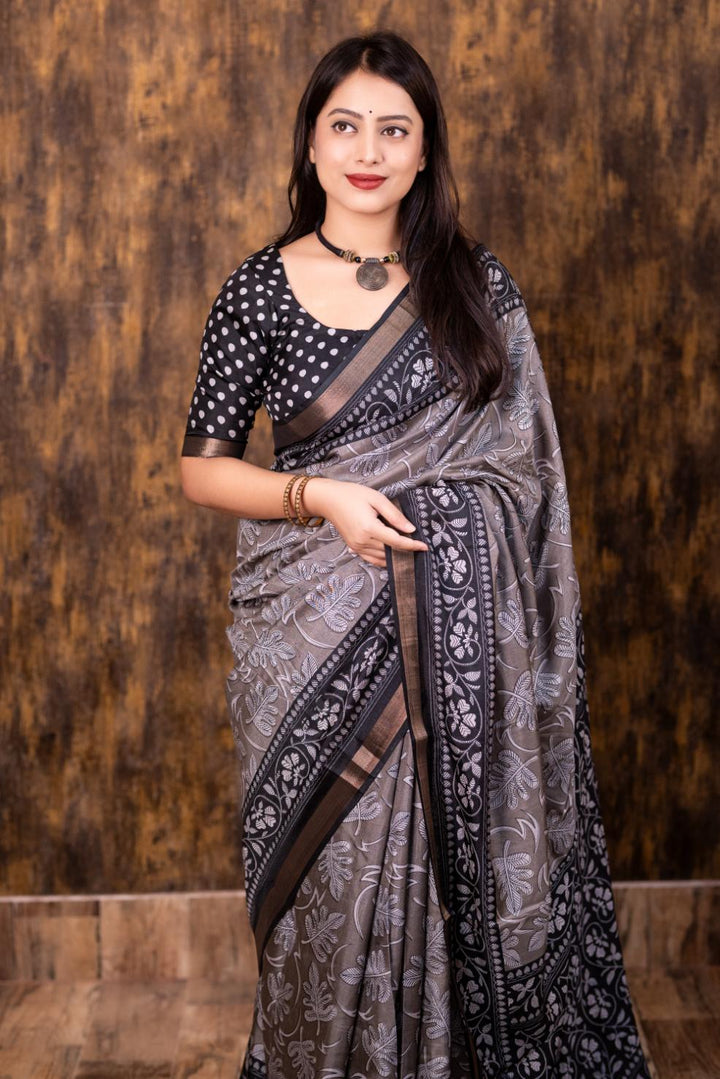 Warm Grey soft cotton crape saree with Pattu border.