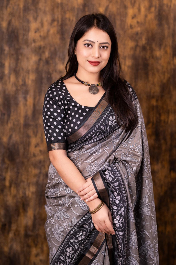 Warm Grey soft cotton crape saree with Pattu border.