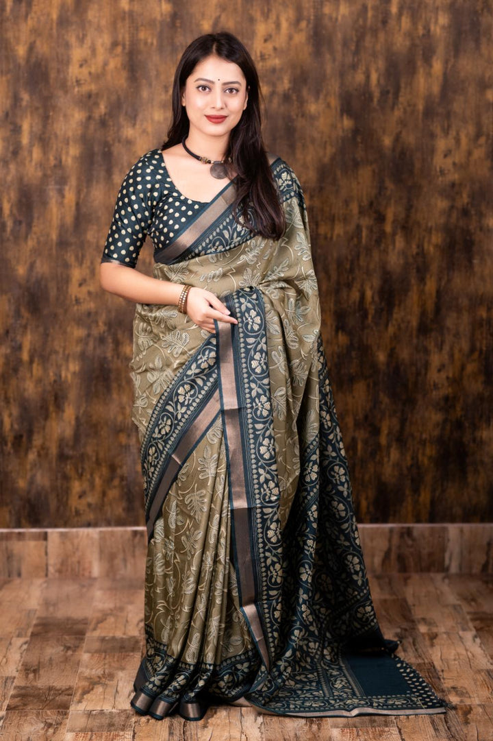 Light Green soft cotton crape saree with Pattu border.