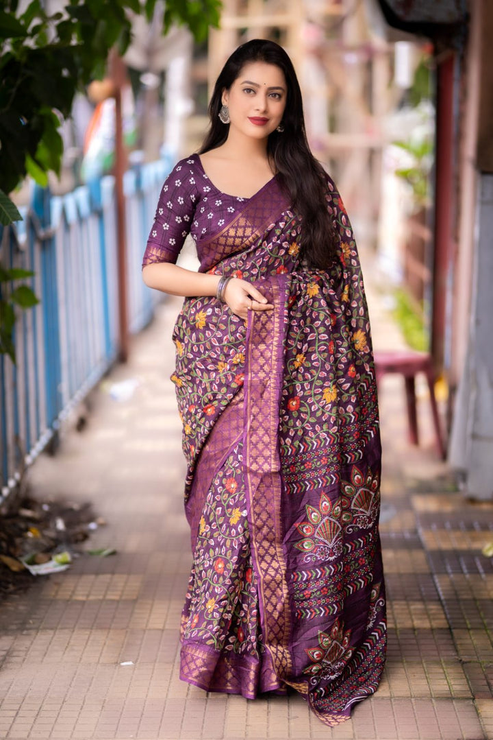 Muted Purple soft slub silk kalamkari printed with Jacq woven Zari border saree.