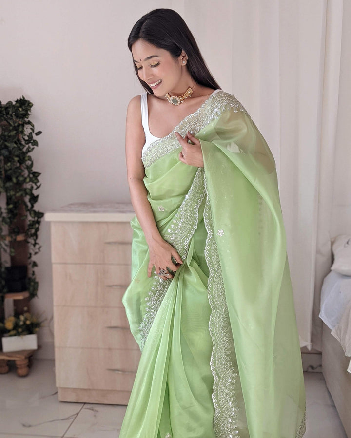 Pista Green Pure Organza Silk Saree With Cutwork Border With Fully Handwork Sequence Work - PAHRAVA