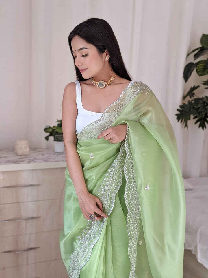 Pista Green Pure Organza Silk Saree With Cutwork Border With Fully Handwork Sequence Work - PAHRAVA