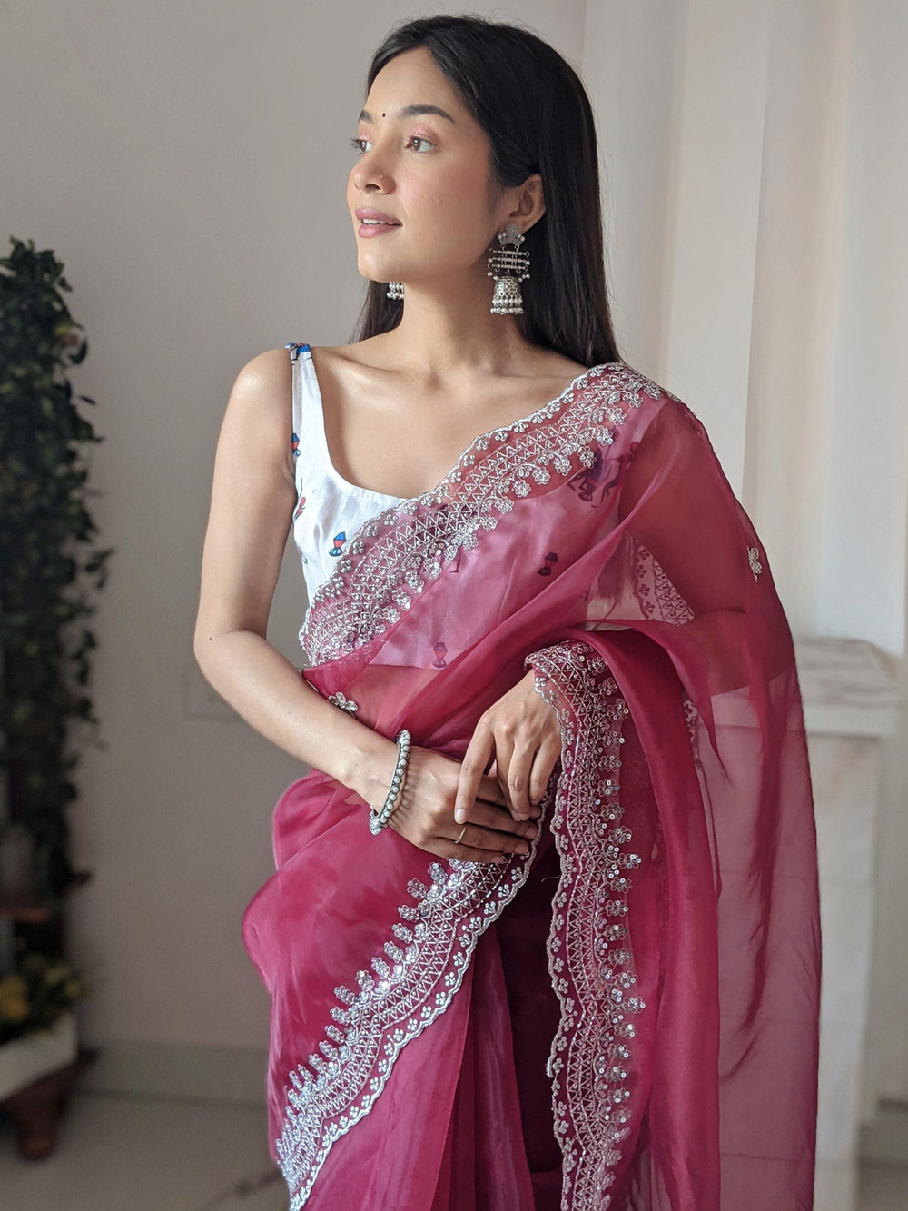 Ruby Wine Pure Organza Silk Saree With Cutwork Border With Fully Handwork Sequence Work - PAHRAVA