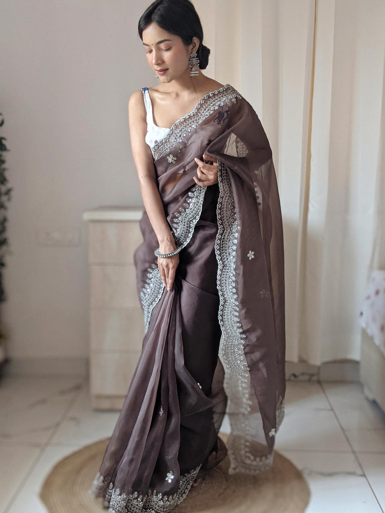 Light Brown Pure Organza Silk Saree With Cutwork Border With Fully Handwork Sequence Work - PAHRAVA