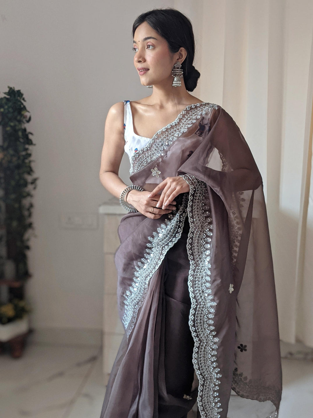 Light Brown Pure Organza Silk Saree With Cutwork Border With Fully Handwork Sequence Work - PAHRAVA