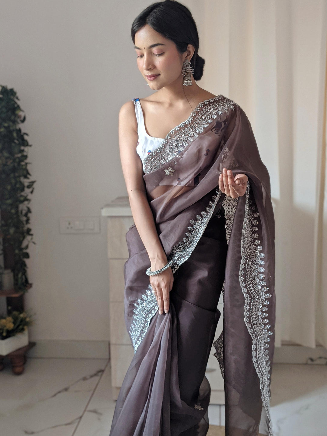 Light Brown Pure Organza Silk Saree With Cutwork Border With Fully Handwork Sequence Work - PAHRAVA