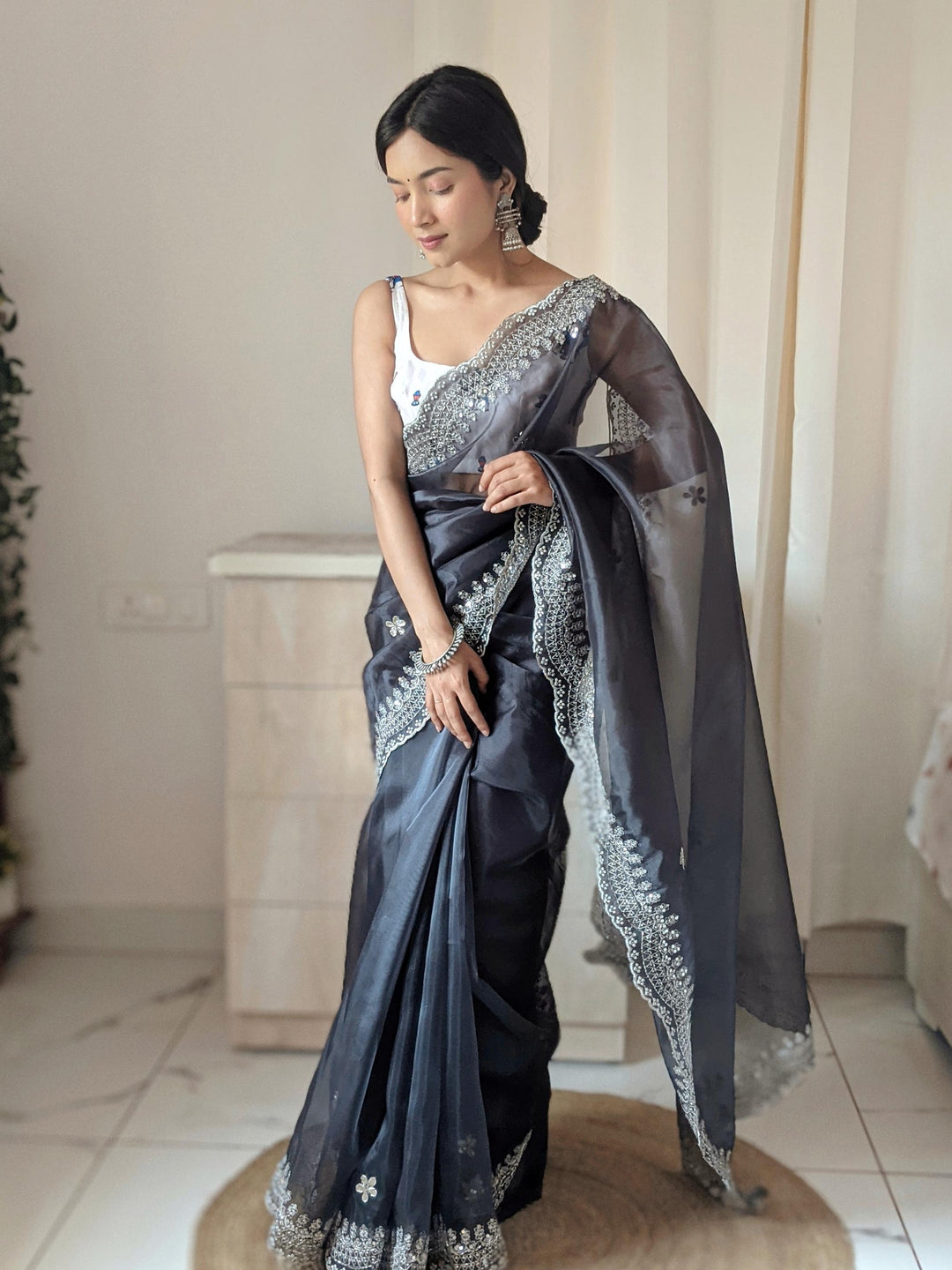 Charcoal Black Pure Organza Silk Saree With Cutwork Border With Fully Handwork Sequence Work - PAHRAVA