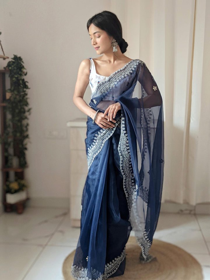 Navy Blue Pure Organza Silk Saree With Cutwork Border With Fully Handwork Sequence Work - PAHRAVA