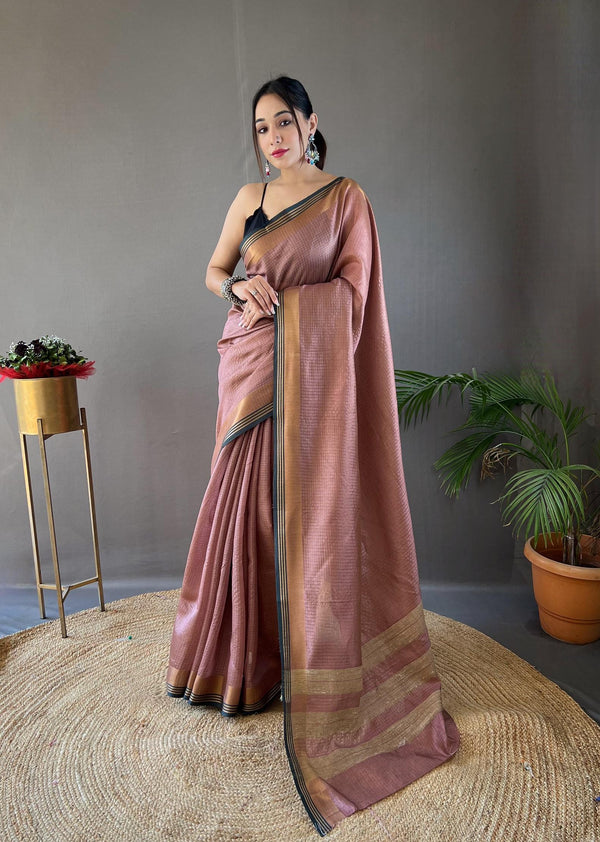 Plum Peach Soft Silk Sarees with Zari Chex Weaving - PAHRAVA