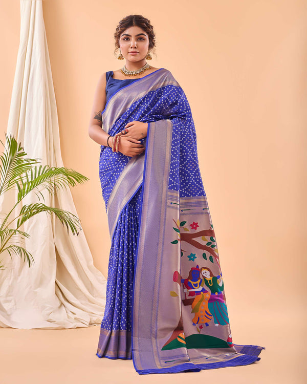 True Violet Bandhej paithani silk saree - PAHRAVA