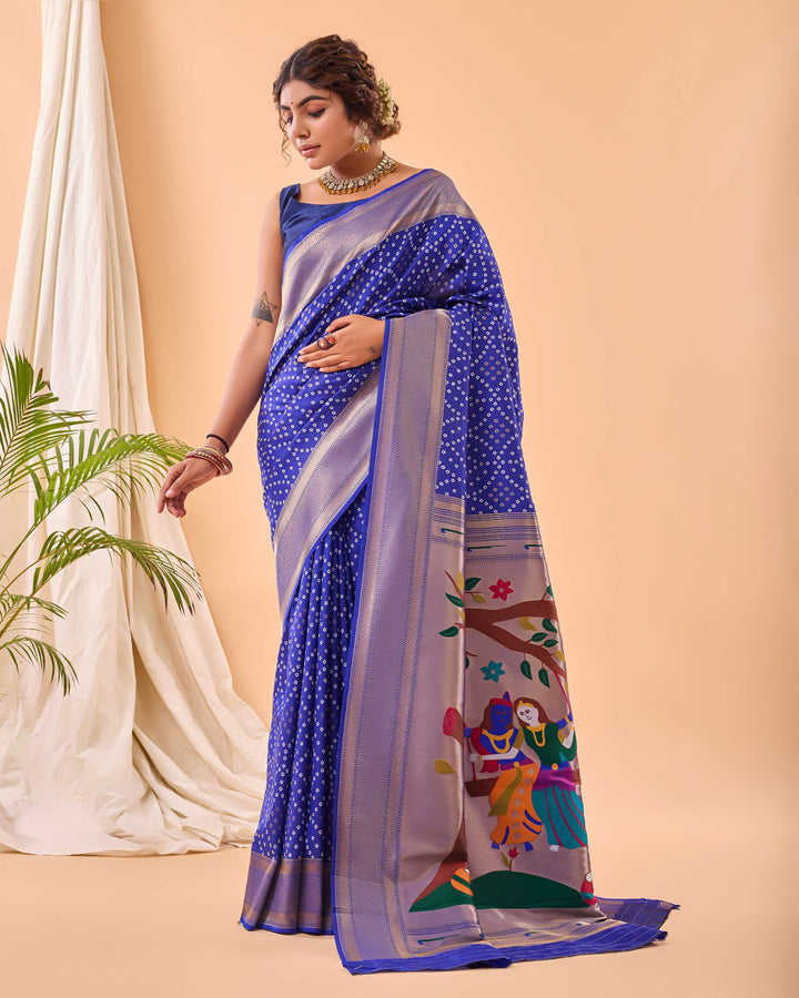 True Violet Bandhej paithani silk saree - PAHRAVA