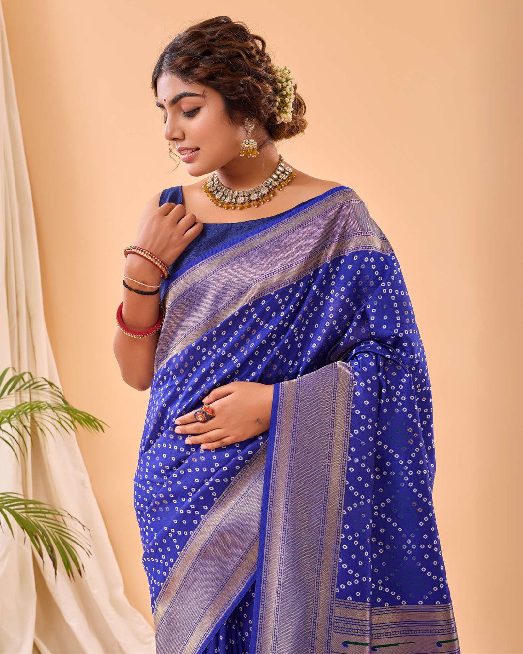 True Violet Bandhej paithani silk saree - PAHRAVA