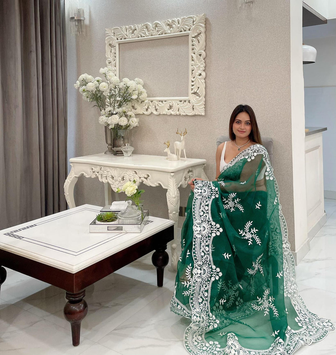 Teal green handcrafted organza saree - PAHRAVA