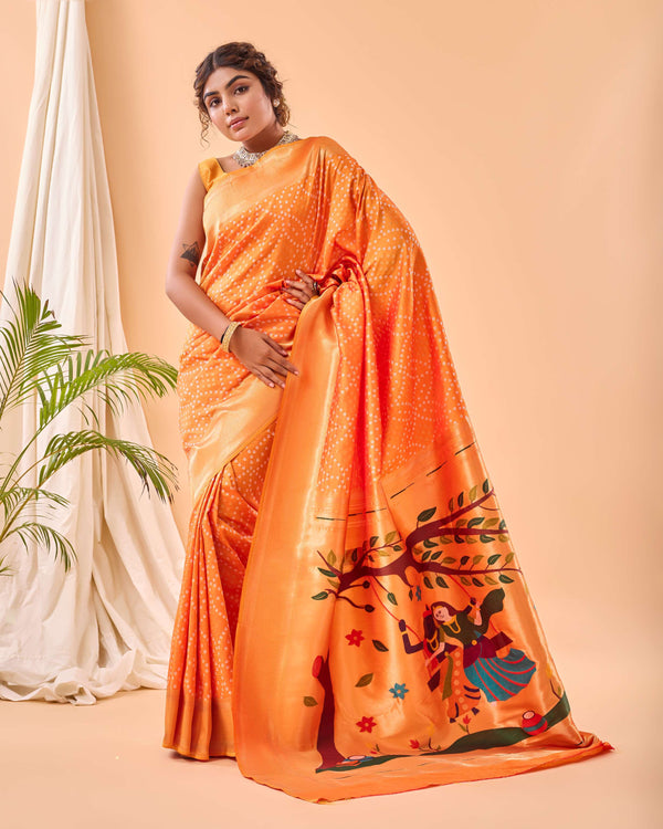 Warm Yellow Bandhej paithani silk saree - PAHRAVA