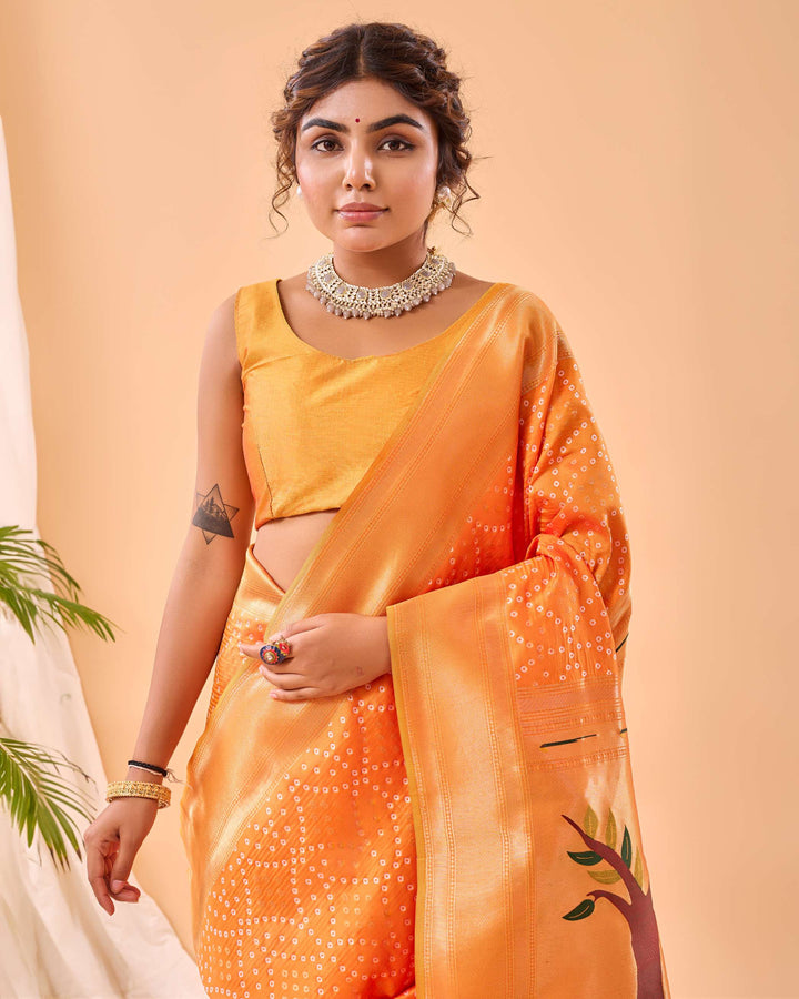 Warm Yellow Bandhej paithani silk saree - PAHRAVA