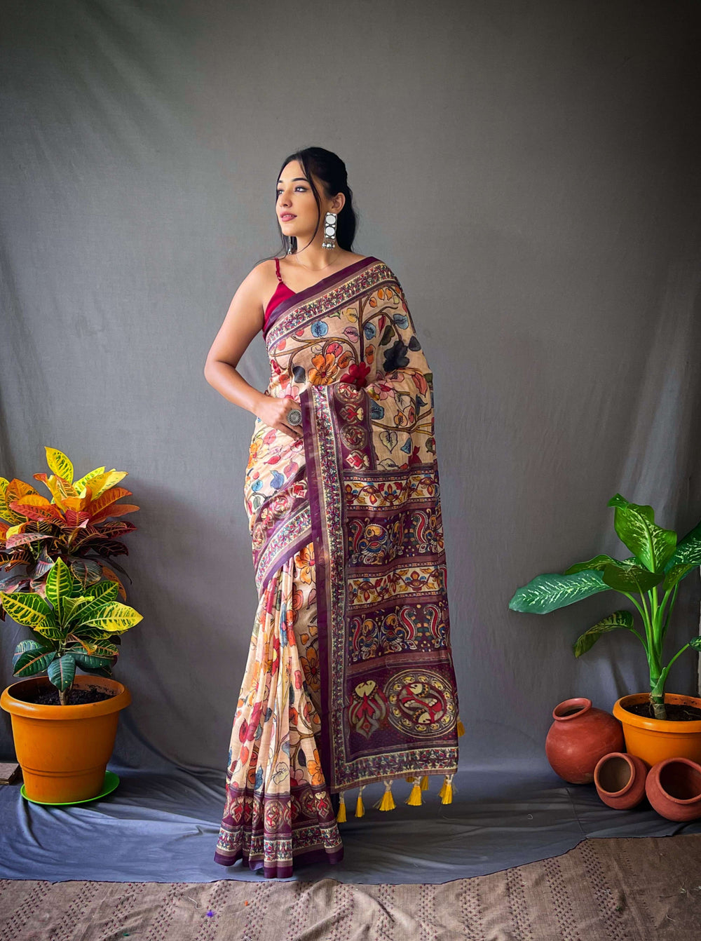 Classy Cream Kalamkari cotton saree - PAHRAVA