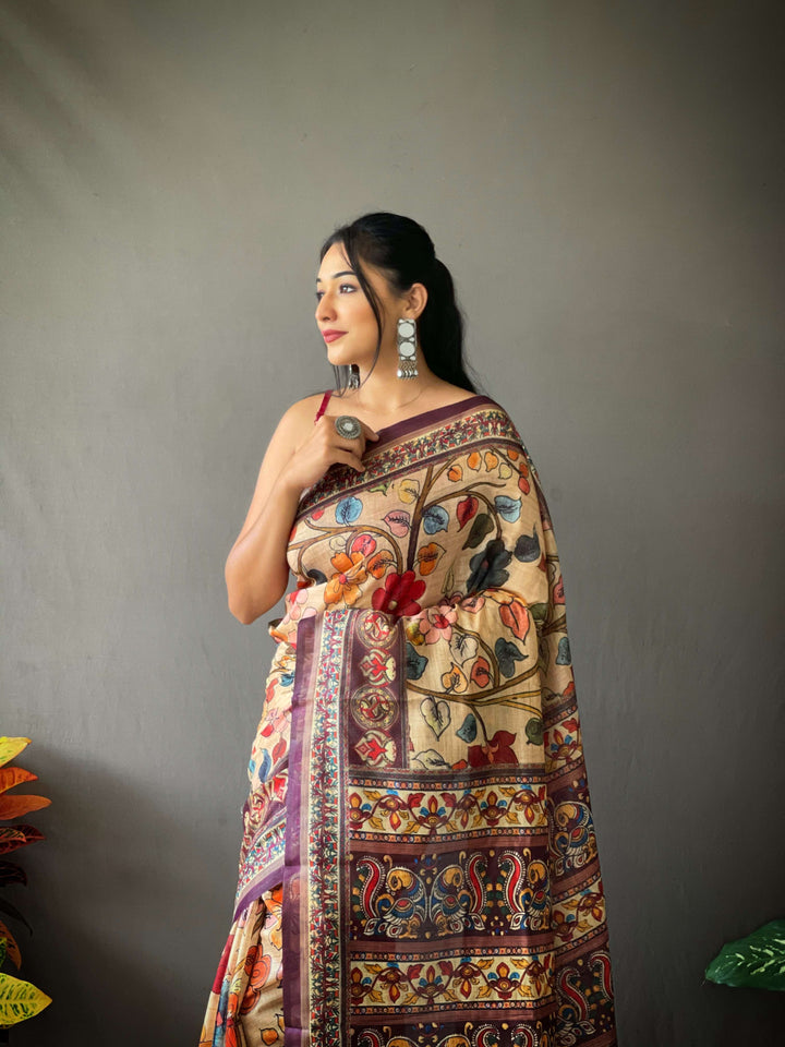 Classy Cream Kalamkari cotton saree - PAHRAVA