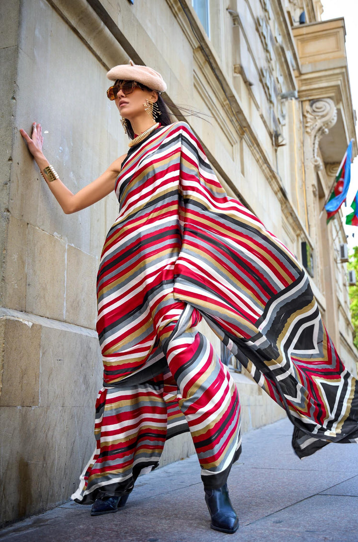 Crimson Red Print Satin Crape Saree - PAHRAVA