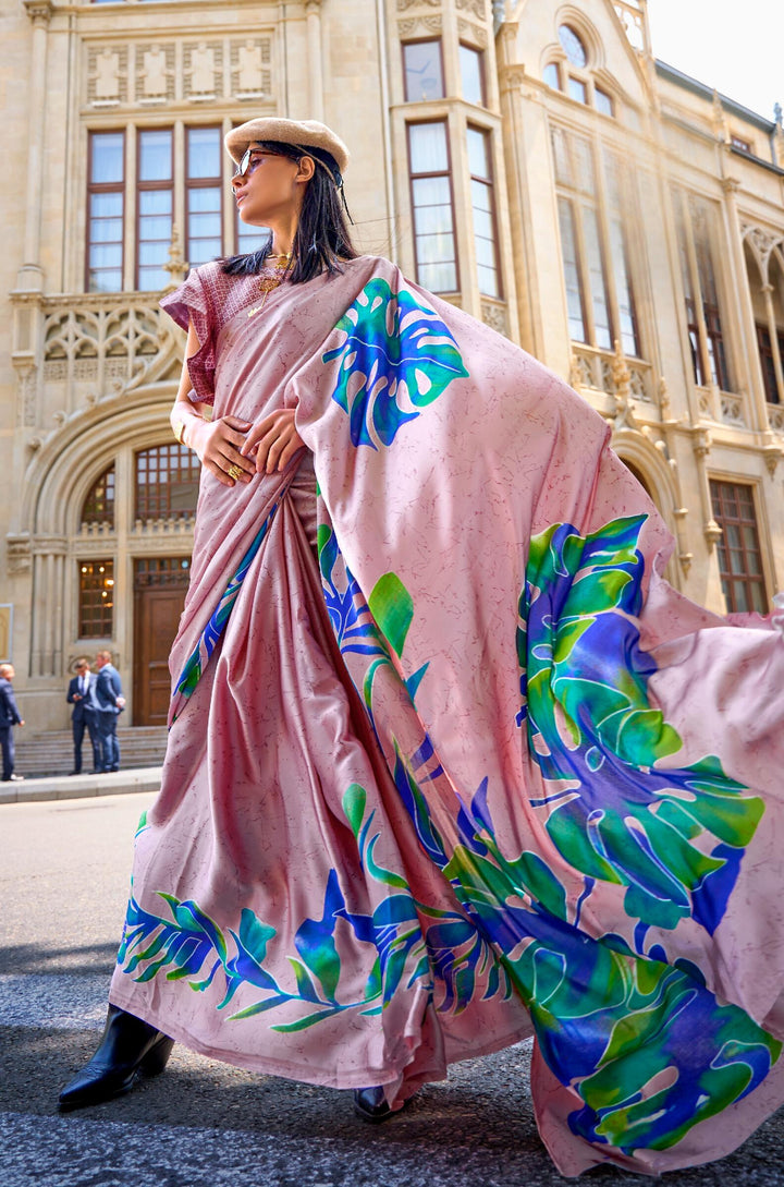 Enhance Pink Print Satin Crape Saree - PAHRAVA