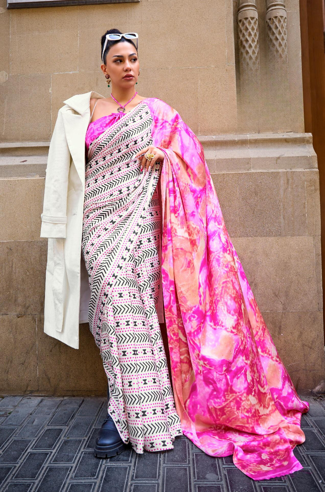 Neon Pink Print Satin Crape Saree - PAHRAVA