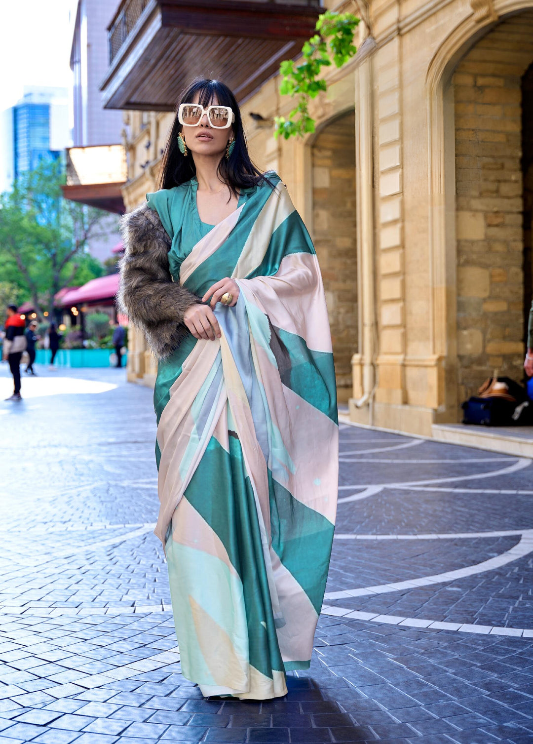 Fountain Blue Digital Print Satin Crepe Saree - PAHRAVA