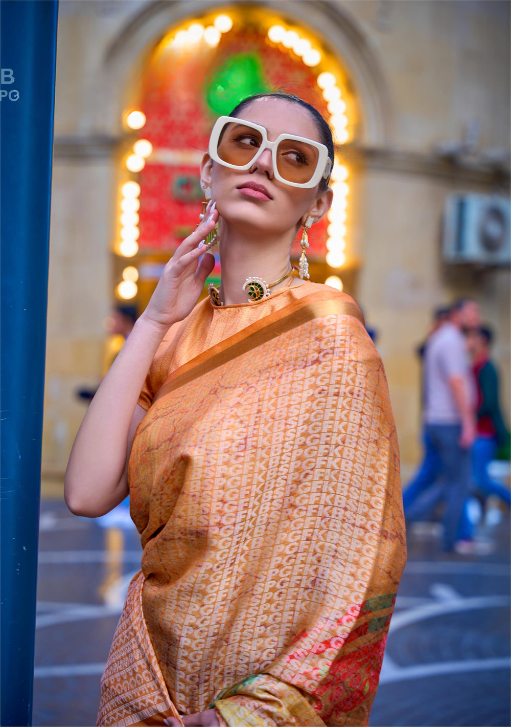 Faded Orange Print Poly Viscose Handloom Weaving Saree - PAHRAVA