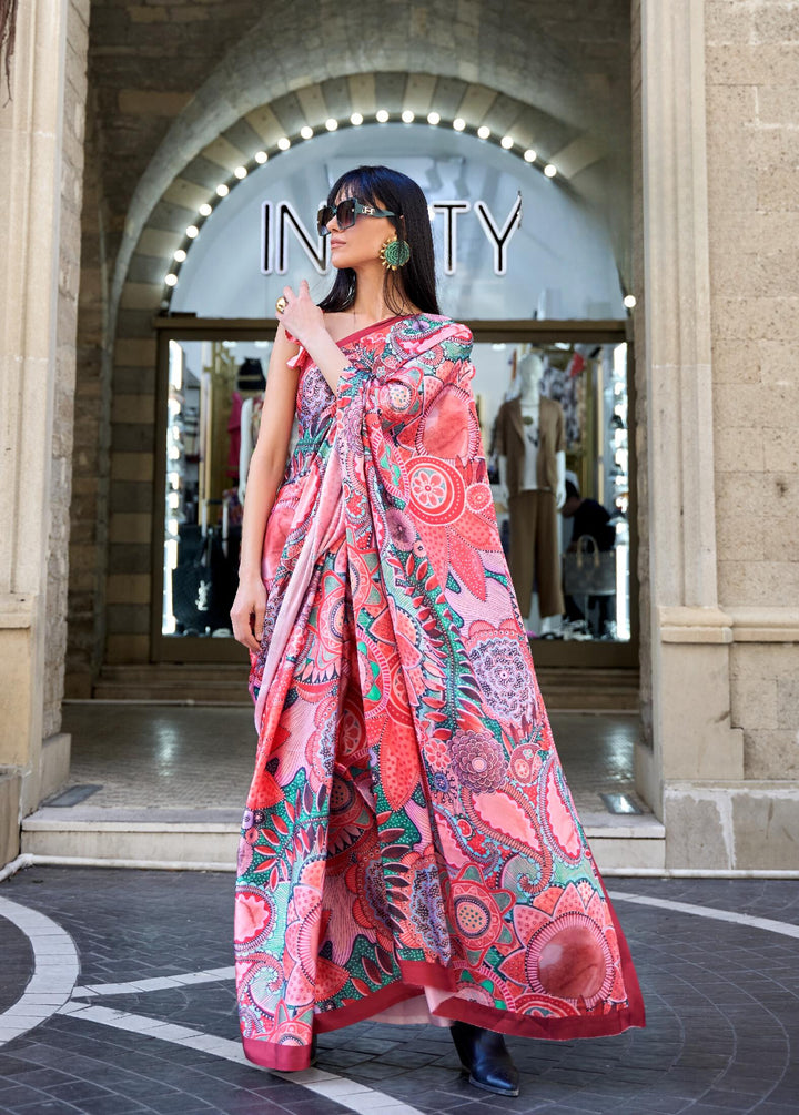 Rosy Pink Digital Print Satin Crepe Saree - PAHRAVA