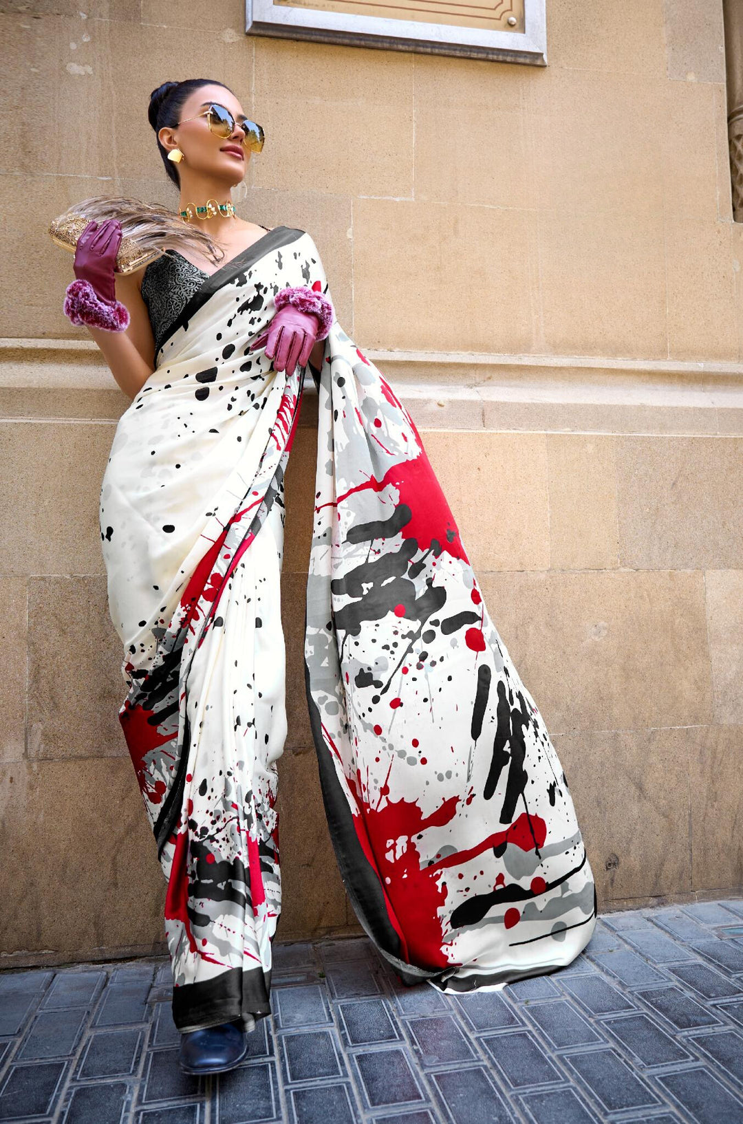 Spanish White Print Satin Crape Saree - PAHRAVA