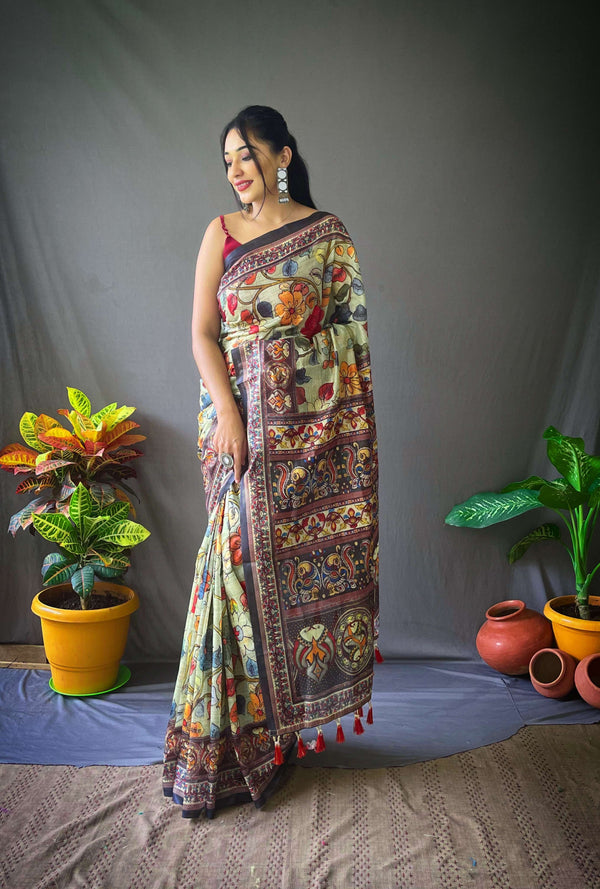 Antique Green Kalamkari cotton saree - PAHRAVA