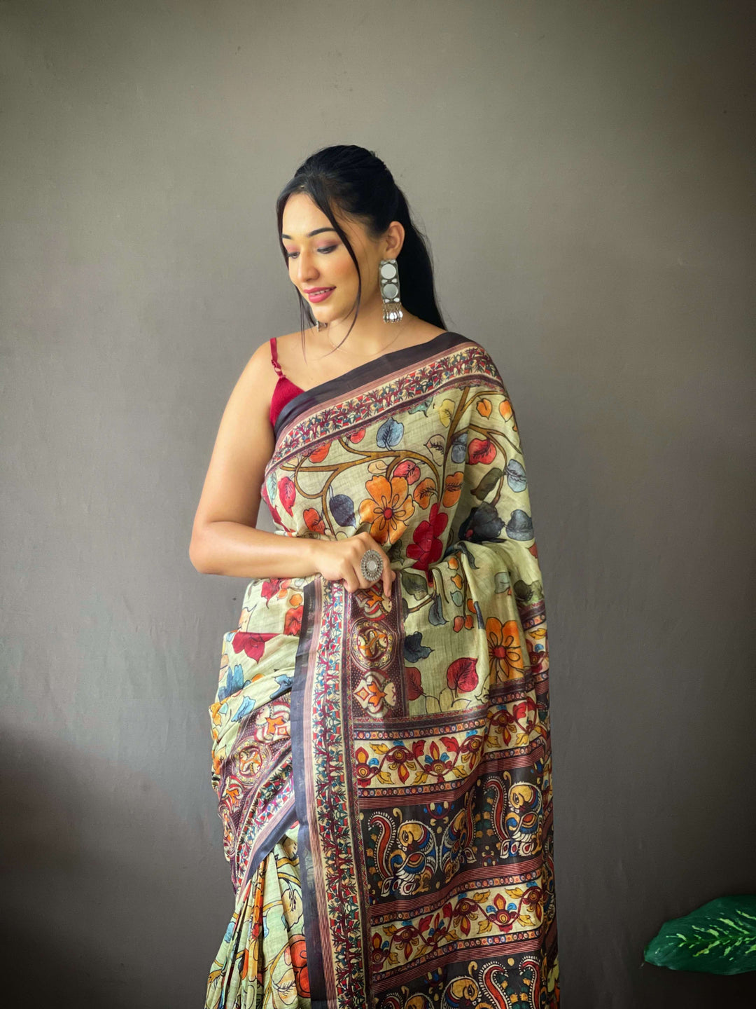 Antique Green Kalamkari cotton saree - PAHRAVA