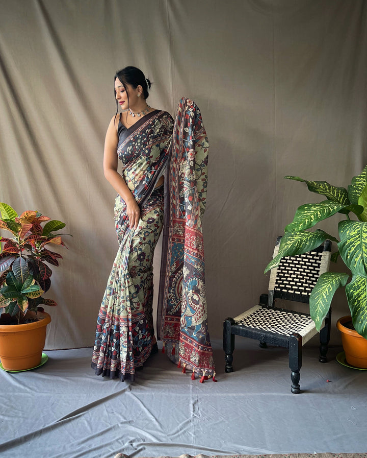 Soft Green Kalamkari cotton saree - PAHRAVA