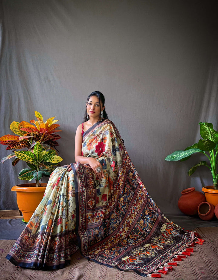 Antique Green Kalamkari cotton saree - PAHRAVA